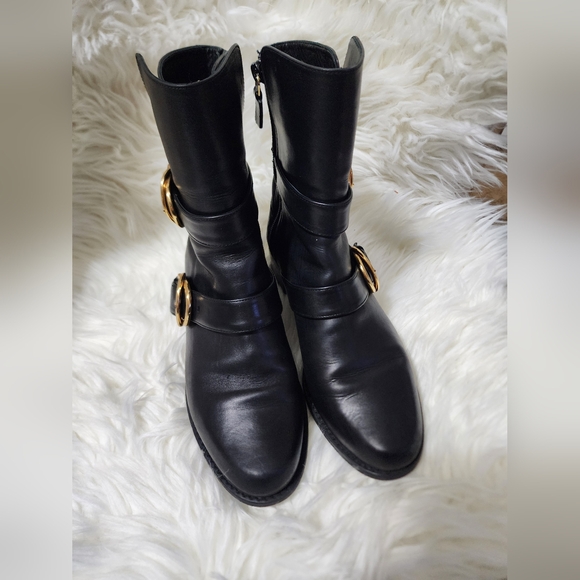 Stuart Weitzman Shoes - Stuart Weitzman Black Leather Ankle Boots with Gold Buckles